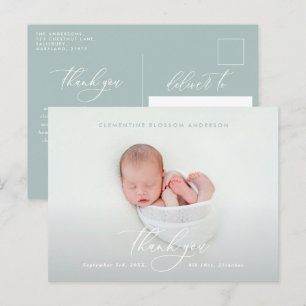 Elegant script birth announcement photo thank you postcard