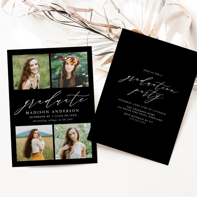 Elegant Script Black 4 Photo Graduation Party Invitation (Creator Uploaded)