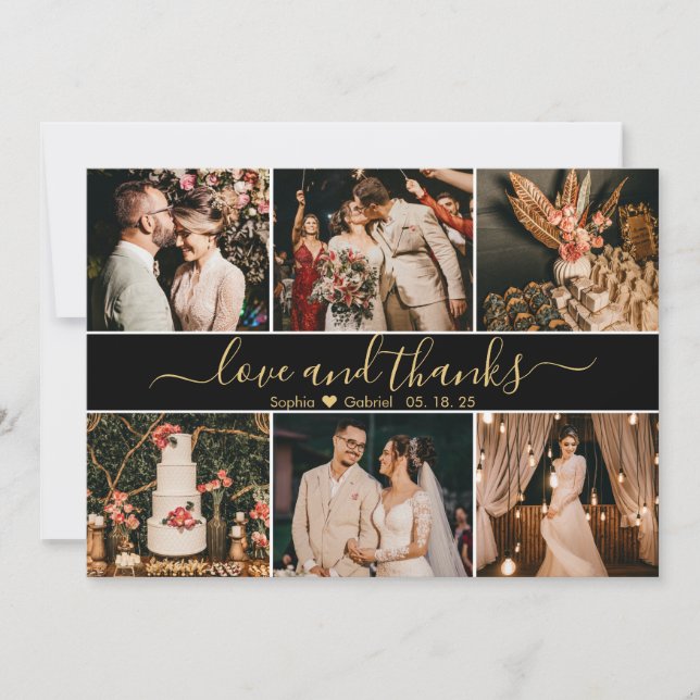 Elegant Script Black and Gold 6 Photo Collage Thank You Card (Front)