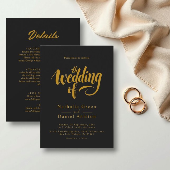 Elegant Script Black and Gold Calligraphy Wedding Invitation (Creator Uploaded)