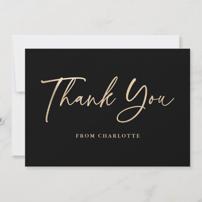 Elegant Script Black and Gold Modern Thank You Card (Front)