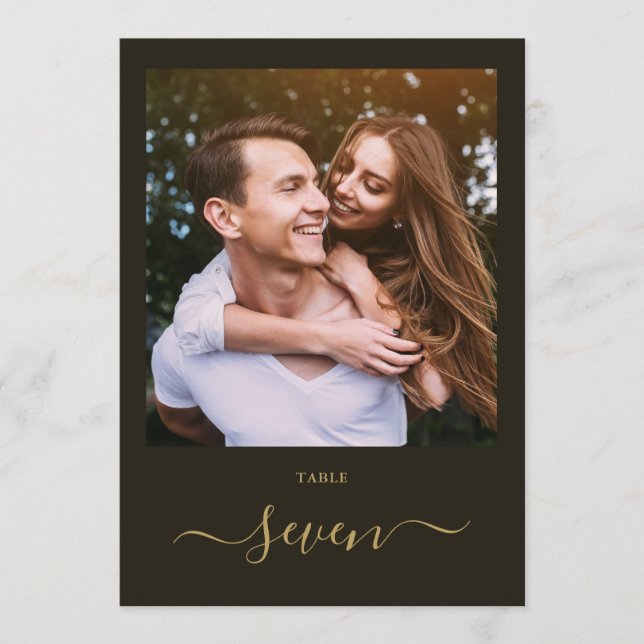 Elegant Script Black And Gold Photo Table Number (Front)