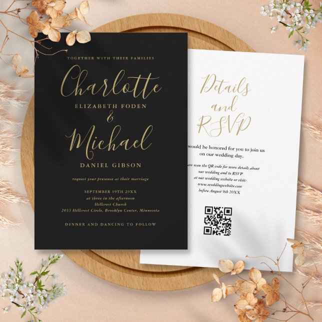 Elegant Script Black And Gold QR Code Wedding Invitation (Elegant Script Black And Gold QR Code Wedding Invitation)