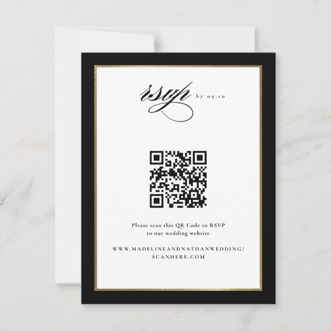 Elegant Script Black and Gold Wedding QR Code RSVP Card (Front)