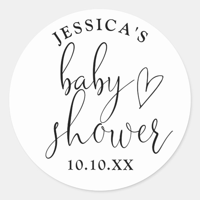 Elegant Script Black And White Baby Shower Favour Classic Round Sticker (Front)