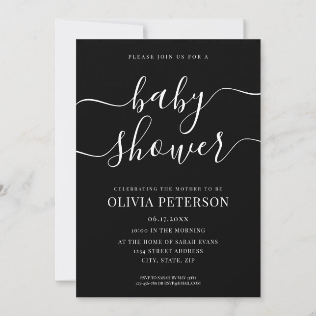 Elegant Script Black and White Baby Shower Invitation (Front)