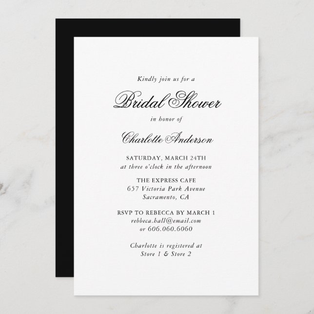 Elegant Script Black and White Bridal Shower Invitation (Front/Back)