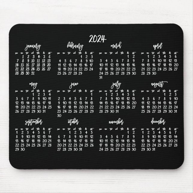 Elegant Script Black And White Calendar 2024 Mouse Mat (Front)