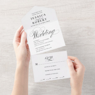 Elegant Script Black and White Calligraphy Wedding All In One Invitation