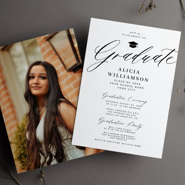 Elegant script black and white graduation party invitation (Creator Uploaded)