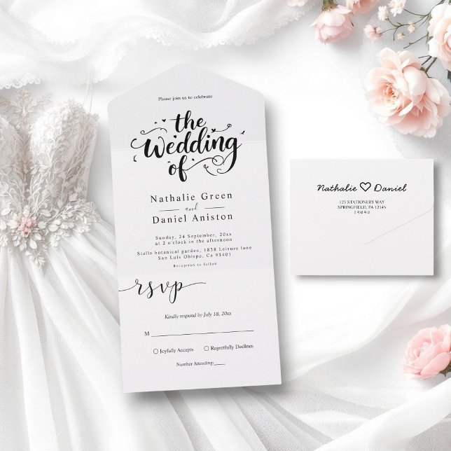 Elegant Script Black and White Modern Wedding All In One Invitation (Creator Uploaded)
