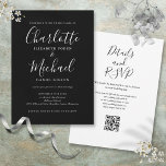 Elegant Script Black And White QR Code Wedding Invitation<br><div class="desc">Featuring signature style names,  this elegant black and white wedding invitation can be personalised with all your special wedding day information on the front,  your wedding website details,  and your QR code on the reverse. Designed by Thisisnotme©</div>