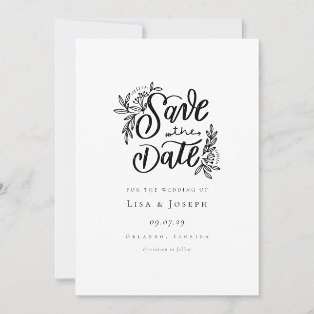 Elegant Script Black and White Save the Date Invitation (Front)