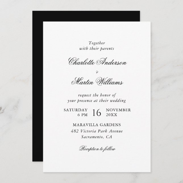 Elegant Script Black and White Wedding Invitation (Front/Back)