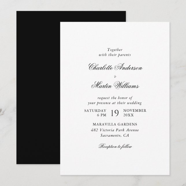 Elegant Script Black and White Wedding Invitation (Front/Back)