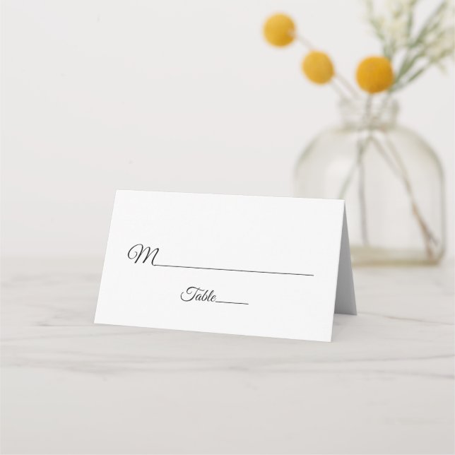 Elegant Script Black and White Wedding Place Card (Front)