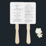 Elegant Script Black and White Wedding Program Hand Fan<br><div class="desc">Designed to coordinate with our Classic BnW wedding collection,  this customisable Ceremony program,  features a sweeping script calligraphy text paired with a classy serif font in black. Background & text colours can be changed to match any colour theme. Matching items available.</div>