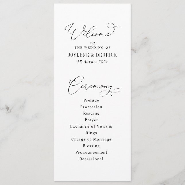 elegant script black and white wedding programme (Front)