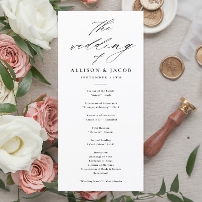 Elegant Script Black and White Wedding Programs Programme (Creator Uploaded)