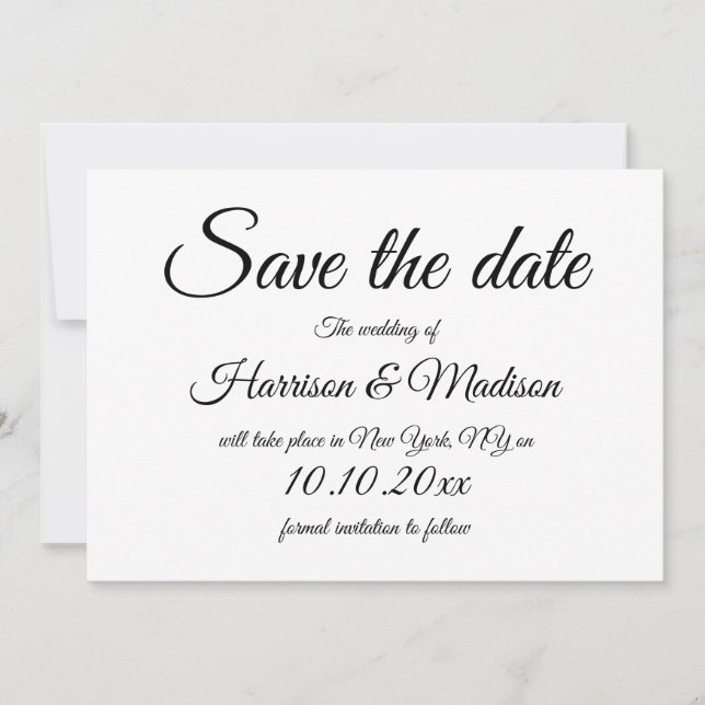Elegant script black and white Wedding Save The Da Date (Front)