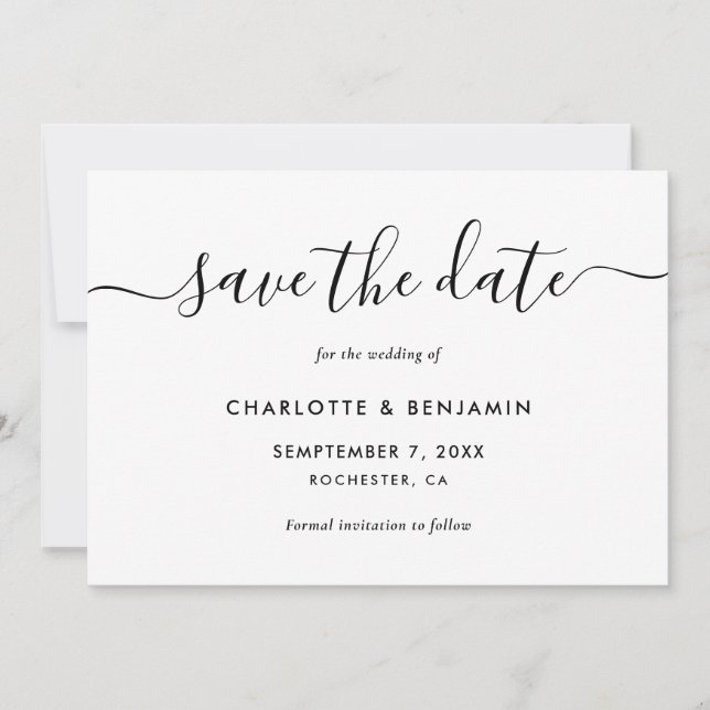 Elegant Script Black and White Wedding Save The Date (Front)