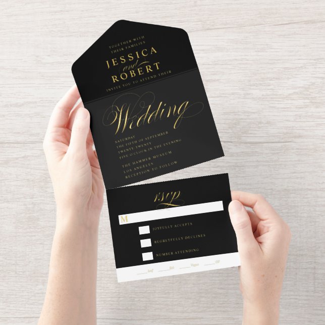 Elegant Script Black Calligraphy Wedding Foil All In One Invitation (Tearaway)