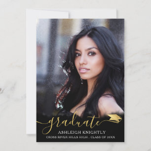 Elegant Script Black Gold 4 Photo Graduation Announcement