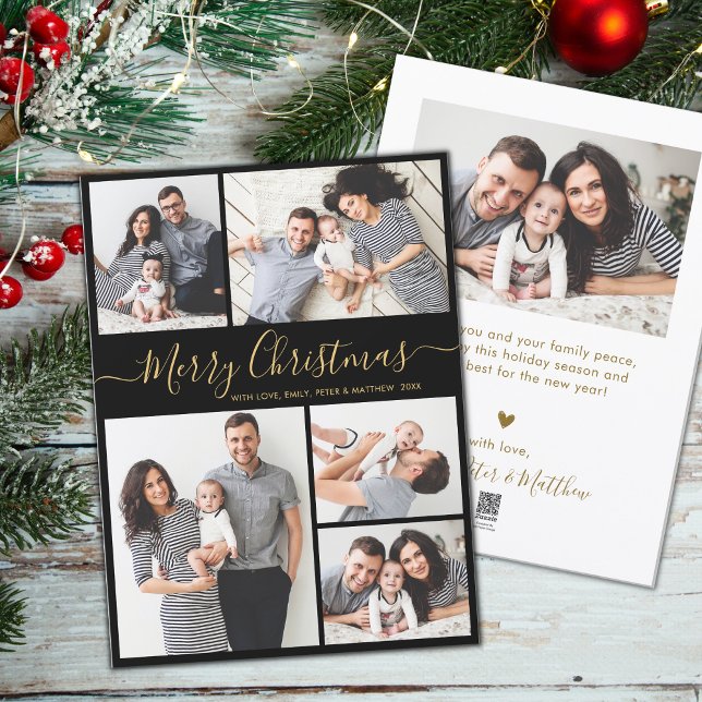 Elegant Script Black Gold 5 Photo Christmas  Holiday Card (Creator Uploaded)
