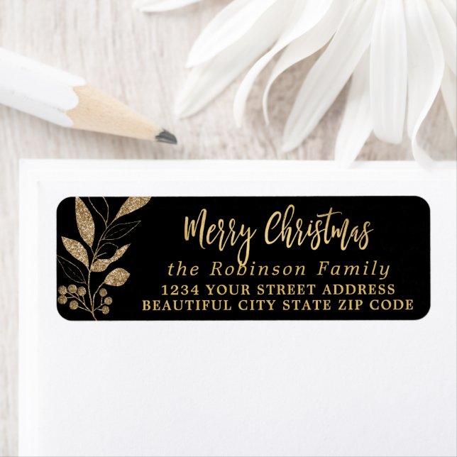 Elegant Script Black Gold Christmas Return Address (Insitu)