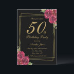 Elegant Script Black Gold Floral 50th Birthday Invitation<br><div class="desc">Celebrate a milestone 50th birthday with these party invitations in black and gold with script typography,  a floral design,  red-tone flowers,  and a golden frame. Personalise it with your party details and RSVP information.</div>