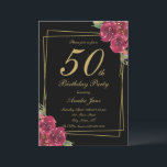 Elegant Script Black Gold Floral 50th Birthday Invitation<br><div class="desc">Celebrate a milestone 50th birthday with these party invitations in black and gold with script typography,  a floral design,  red-tone flowers,  and a golden frame. Personalise it with your party details and RSVP information.</div>