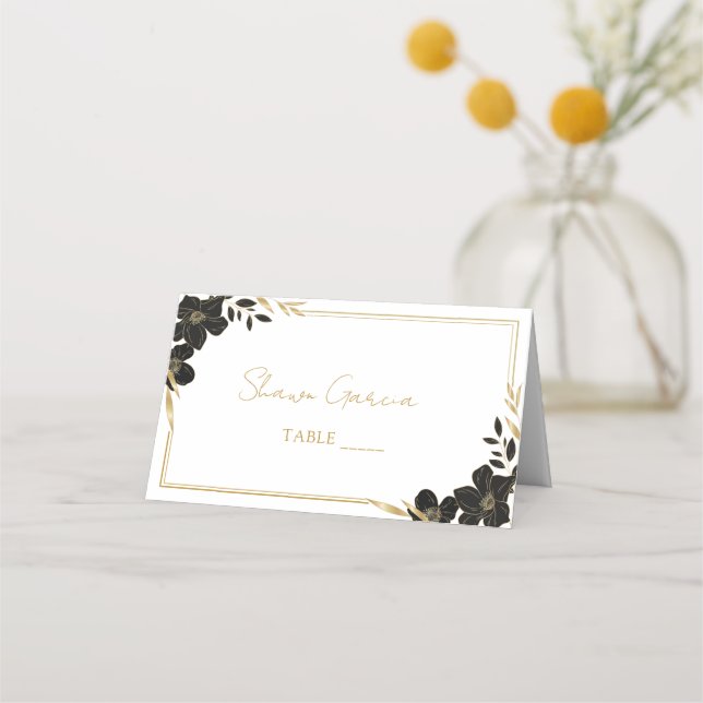 Elegant Script Black & Gold Floral Wedding white Place Card (Front)