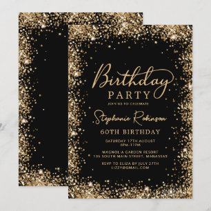 Elegant Script Black Gold Glitter 60th Birthday Invitation