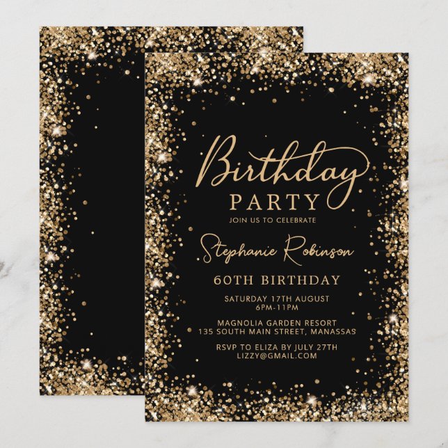 Elegant Script Black Gold Glitter 60th Birthday  Invitation (Front/Back)
