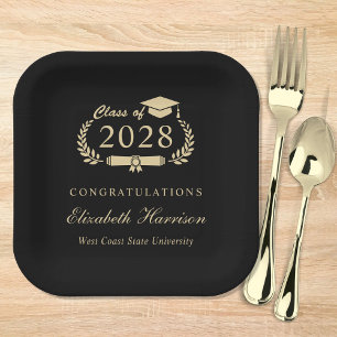Elegant Script Black Gold Graduation Party Paper Plate
