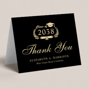 Elegant Script Black Gold Graduation Thank You Card