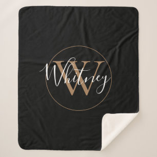 Elegant Script Black Gold Monogram Sherpa Blanket