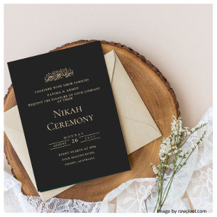 Elegant Script Black Gold Muslim Nikah Ceremony Invitation