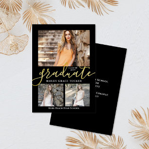 Elegant Script Black Gold Photo Collage Graduation Announcement