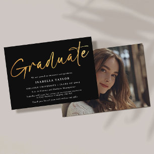 Elegant Script Black Gold Photo Graduation Announcement