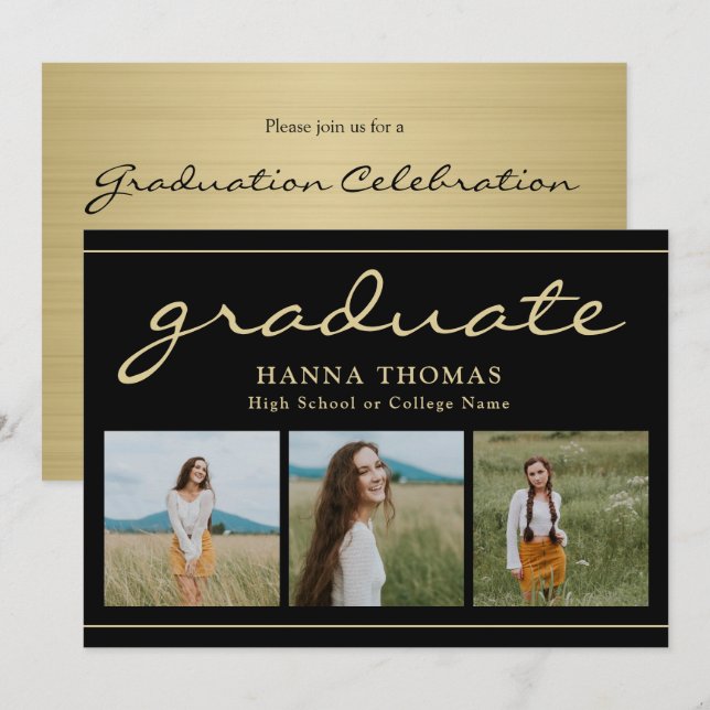 Elegant Script Black Gold Three Photo Graduation  Invitation (Front/Back)