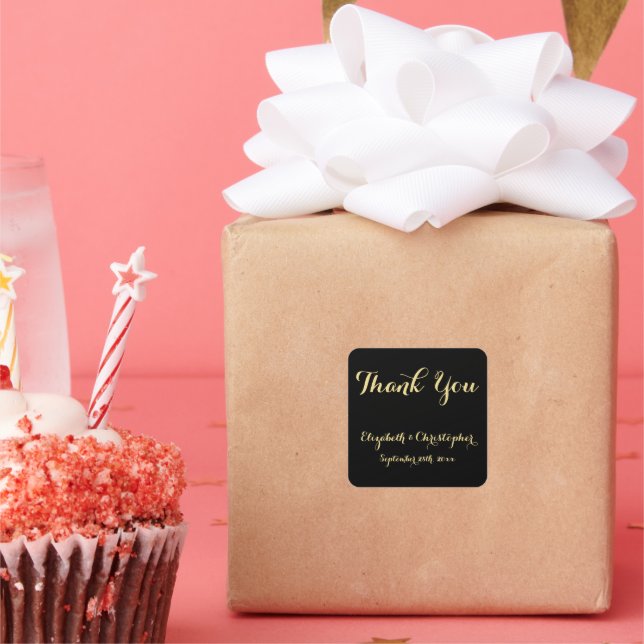 Elegant Script Black Gold Wedding Thank You Favour Square Sticker (Party)