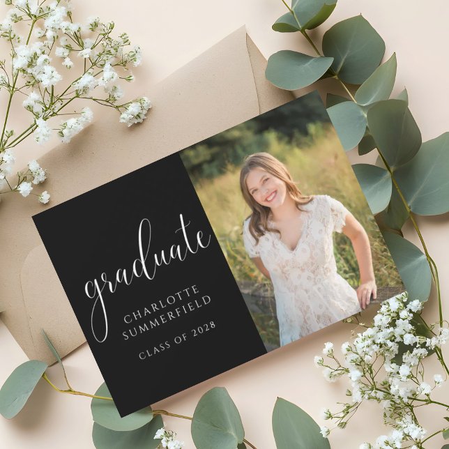 Elegant Script Black Graduation Photo Invitation (Creator Uploaded)