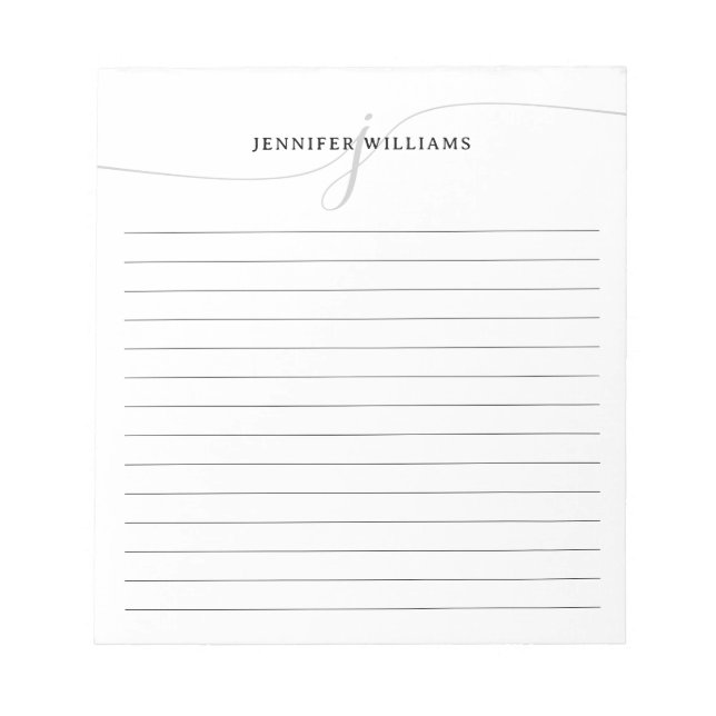 Elegant Script Black Grey Modern Monogram Lined Notepad (Front)