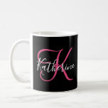 Elegant Script Black Hot Pink Girly Monogram Coffee Mug<br><div class="desc">Modern Elegant Script Black and Hot Pink custom personalised Name Monogrammed mug. Features a pretty hand letted style font first name template in white and a monogram script (Large size initial.) in hot pink on black background. Perfect gift idea for for girlfriend, wife, friend, mum, sister, grandma, school teacher, colleague...</div>