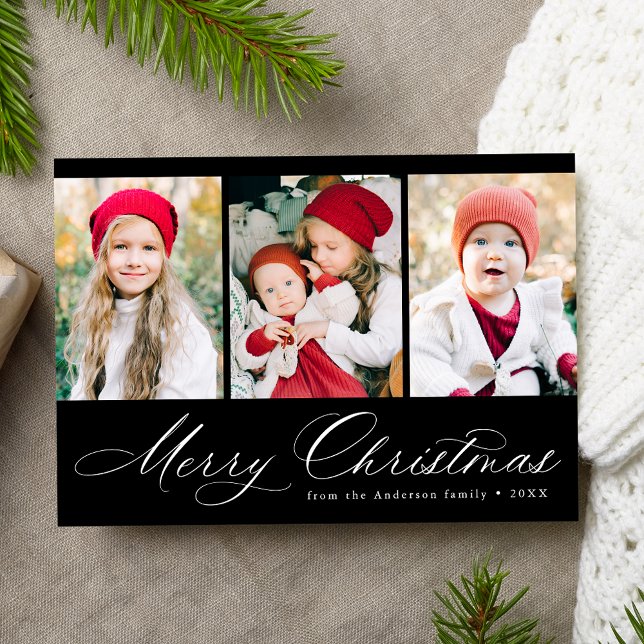 Elegant Script Black Merry Christmas 3 Photo Holiday Card (Creator Uploaded)