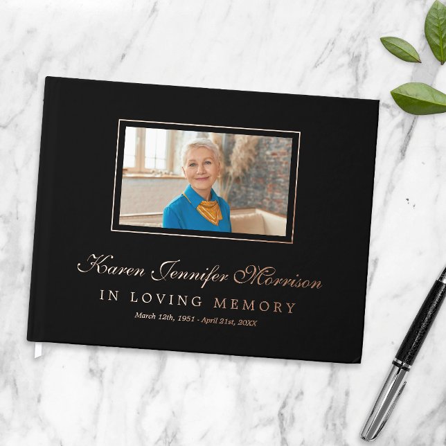Elegant Script Black Photo In Loving Memory Guest Book (Creator Uploaded)