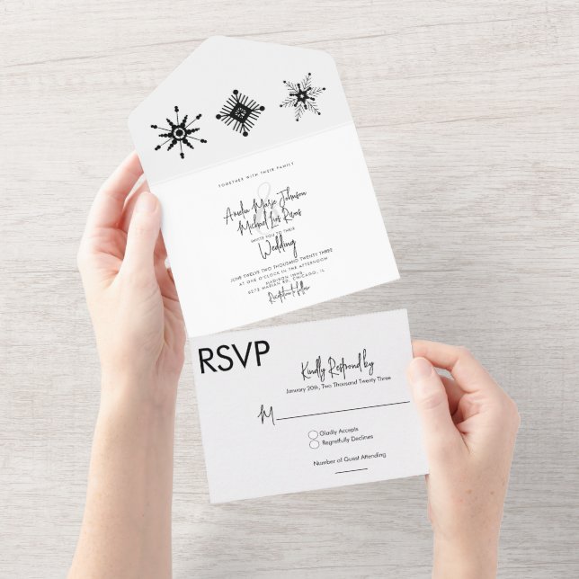 Elegant Script Black Snowflakes Christmas Wedding  All In One Invitation (Tearaway)