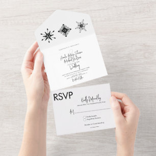 Elegant Script Black Snowflakes Christmas Wedding  All In One Invitation