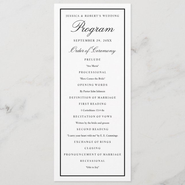 Elegant Script Black Thick Border Wedding Program Programme (Front)